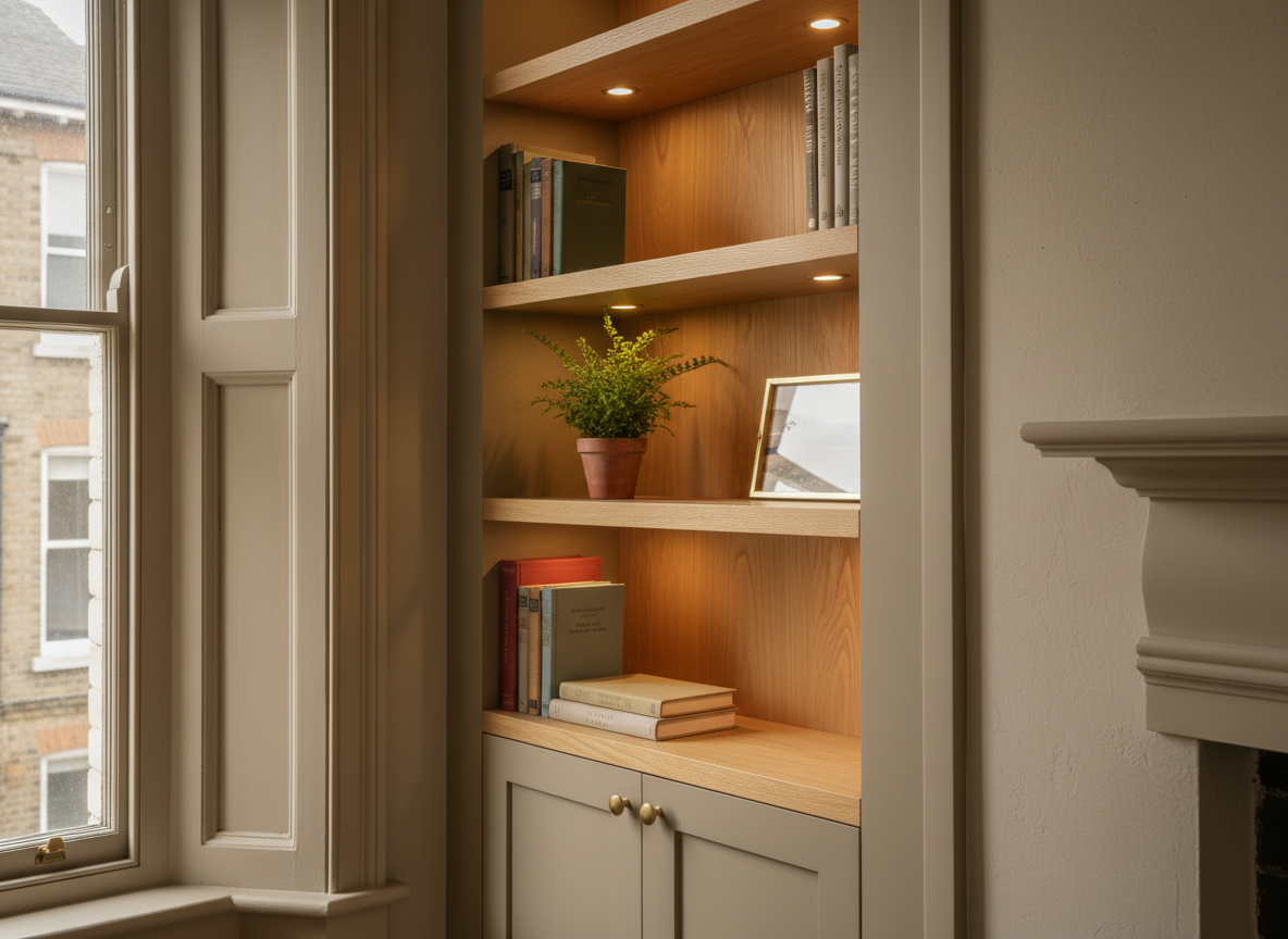 Bespoke alcove shelving and cupboards