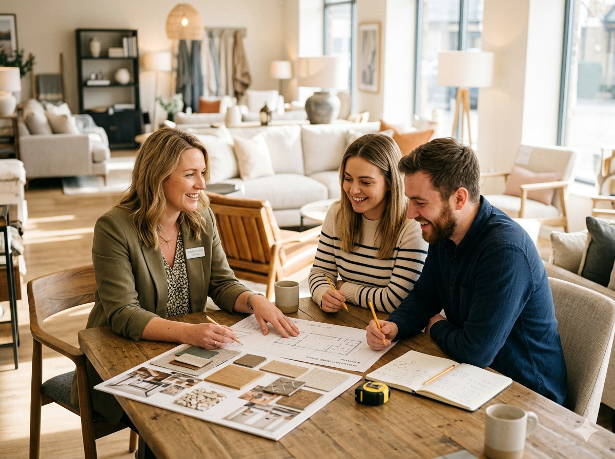 Design consultant discussing bespoke furniture plans with a customer