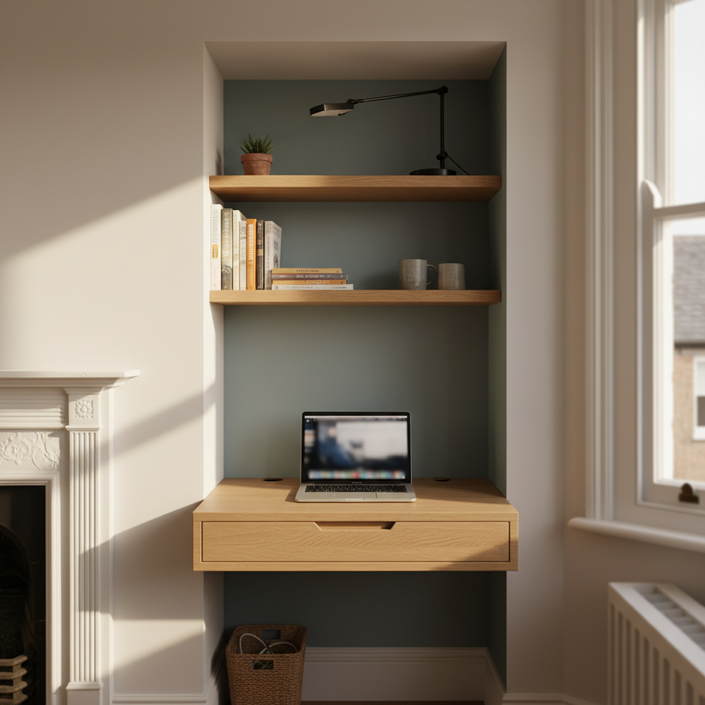 Home office with bookcase wall