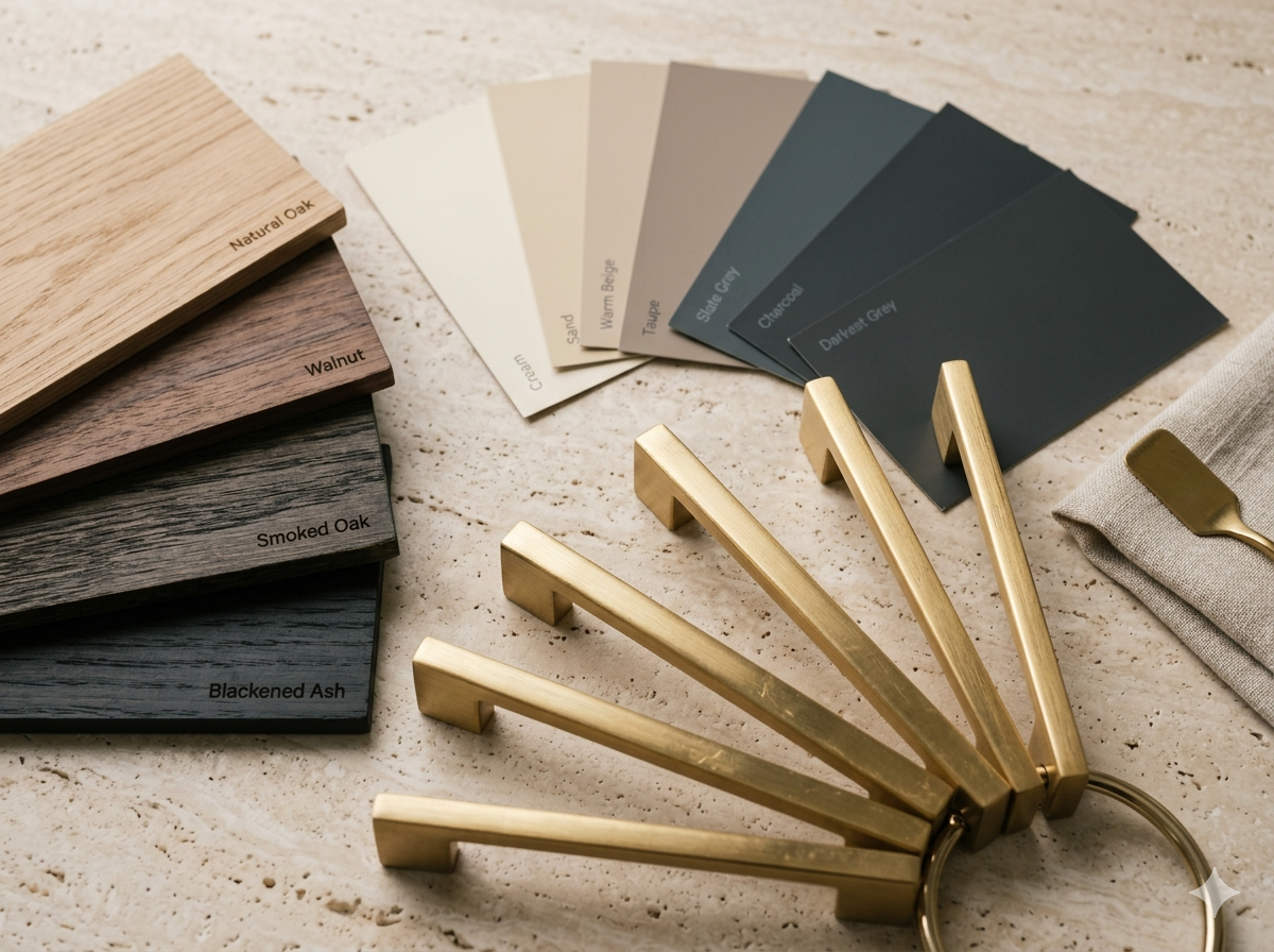 Wood finishes, paint swatches and hardware samples