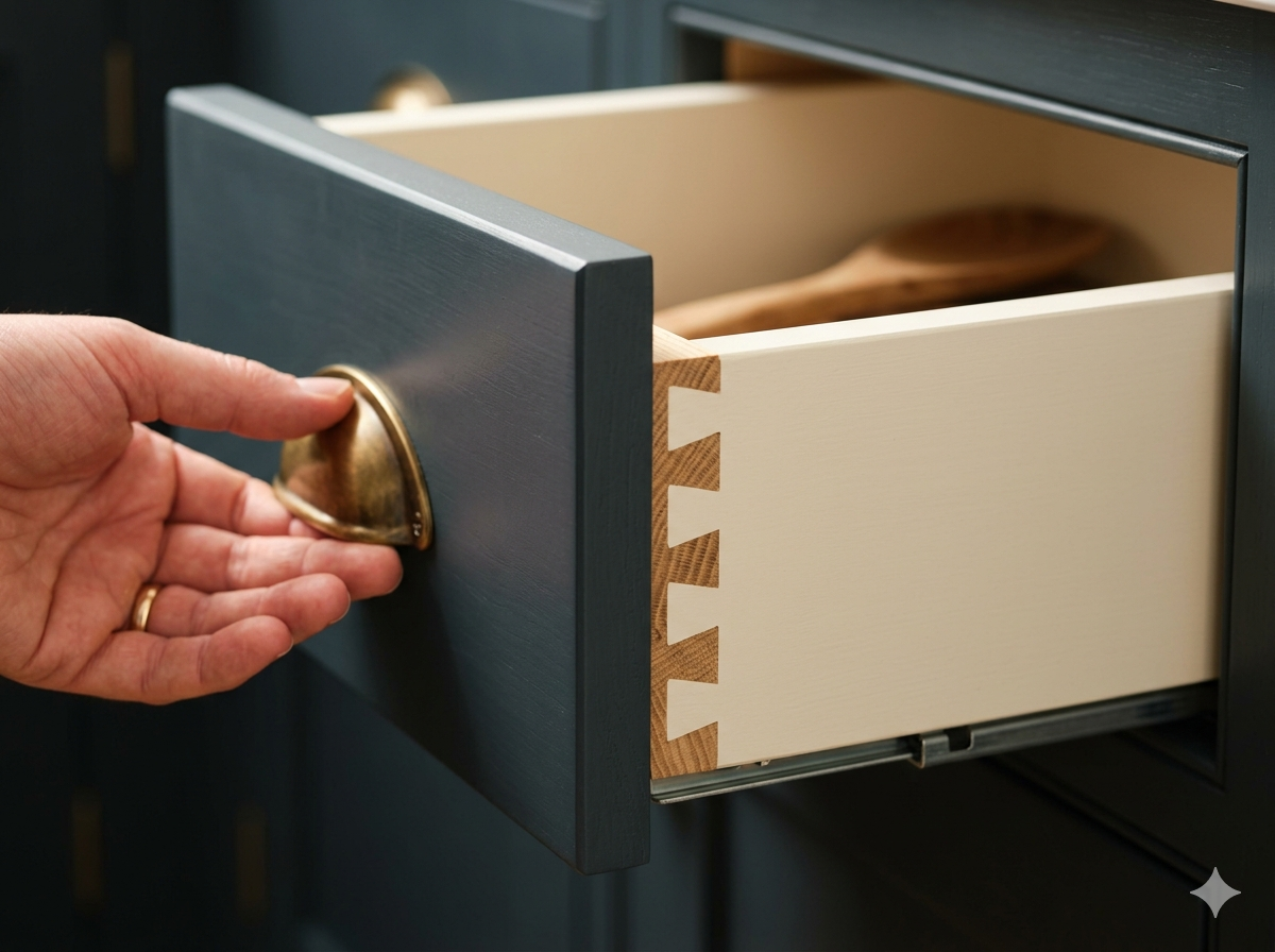 Close-up of precise joinery and soft-close cabinet detail